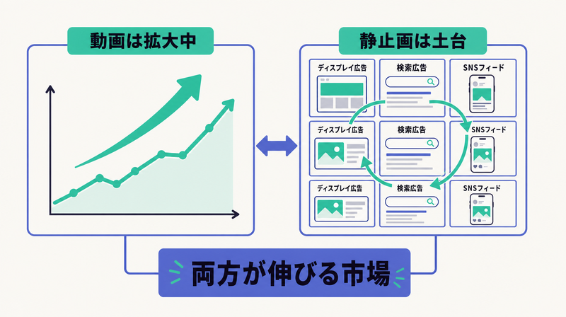 動画市場が拡大する一方で静止画が広い配信面と速い検証の土台であり続け、両方が伸びる市場だと示した図