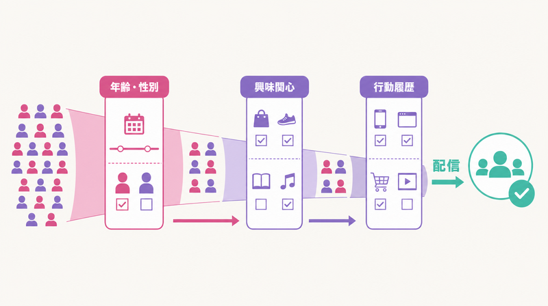 SNS広告のターゲティング絞り込みフローを示す概念図