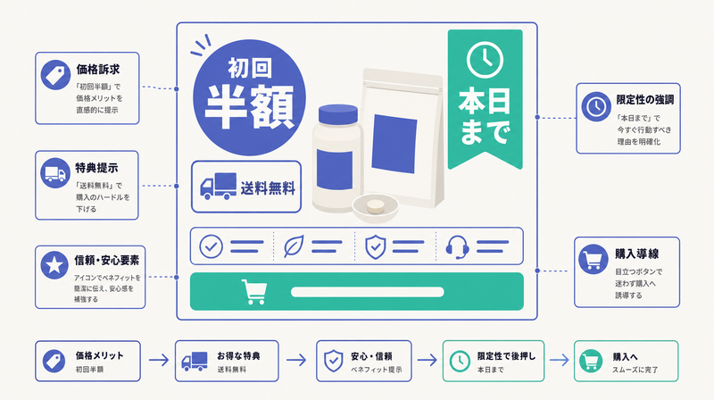 初回半額・送料無料・本日までなど価格と限定性を前面に出すEC通販バナーの設計図