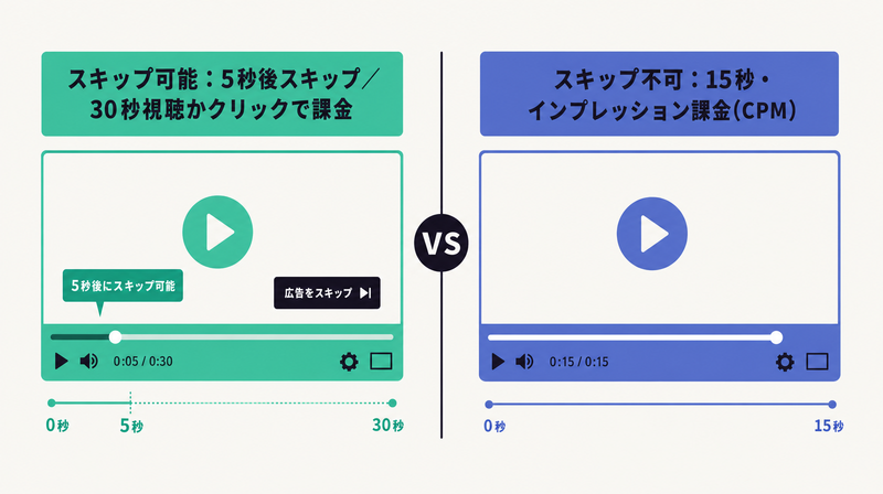 5秒後スキップ・30秒課金のスキップ可能広告と15秒CPMのスキップ不可広告を左右で対比した図
