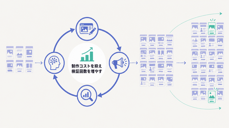 生成から配信検証を繰り返し検証回数を増やして日本の勝ち筋を見つけるループ図