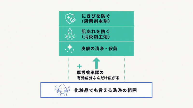 薬用洗顔が化粧品の洗浄範囲ににきび予防などを上乗せできることを示す積み増し図