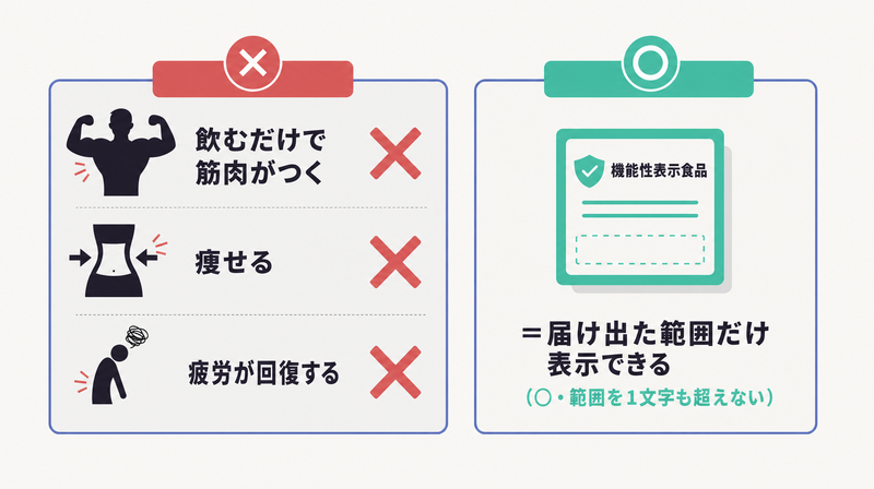 食品のプロテインでは効能効果が書けず機能性表示食品だけ届出範囲で表示できることを示す対比図