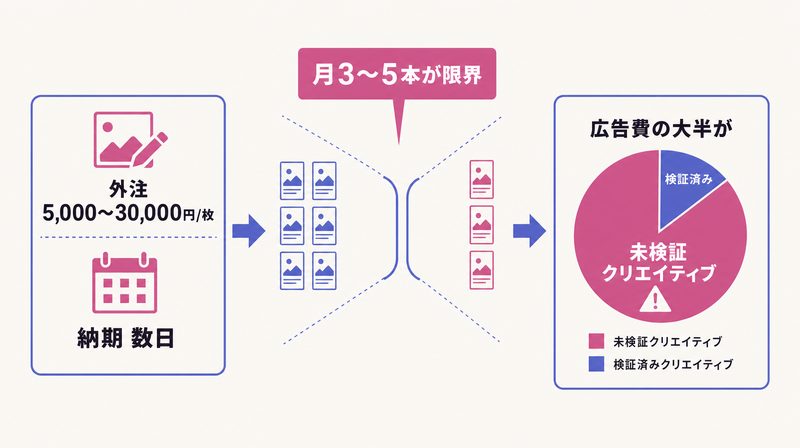 制作コストがボトルネックとなりテスト本数が月3〜5本に限られることを示す図