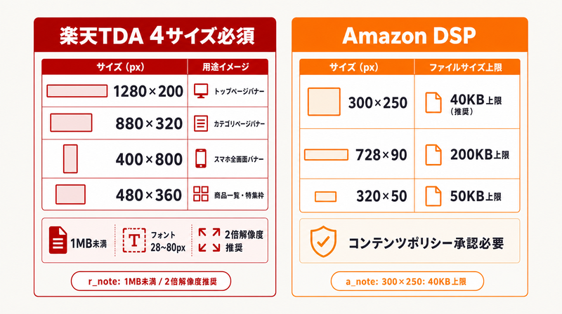 楽天TDA(4サイズ必須)とAmazon DSP(300×250・728×90・320×50)の仕様比較図