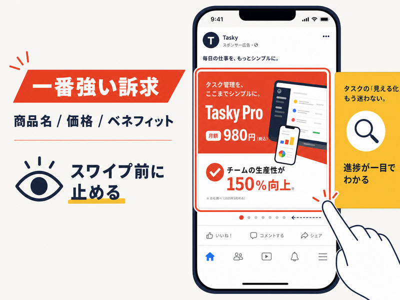最初のカードに商品名・価格・ベネフィットを集約したカルーセルのスマホ画面例