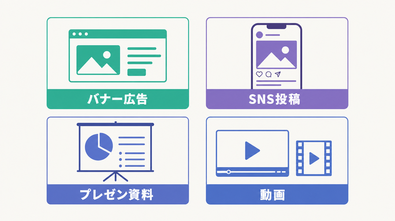 Canva AIが対応する4つの用途(バナー・SNS・プレゼン・動画)を示すグリッド図