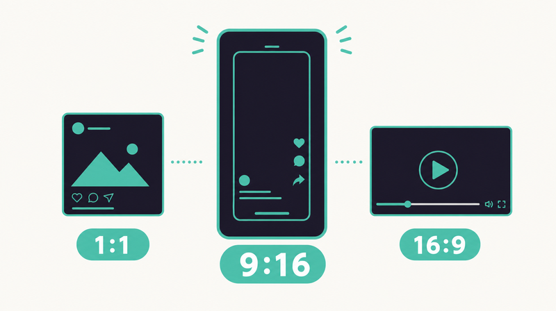 TikTok広告の主要アスペクト比(9:16・1:1・16:9)を並べ、縦型9:16を主役として示した一覧図