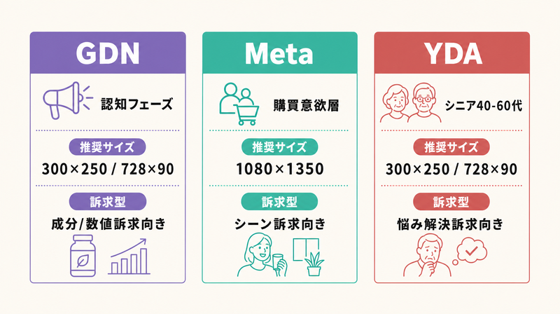 サプリバナー広告の媒体別(GDN/Meta/YDA)推奨サイズと配信設計比較図
