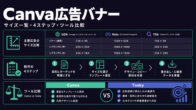 Canva広告バナーのサイズ・手順・ツール比較を構造的に示したサムネイル