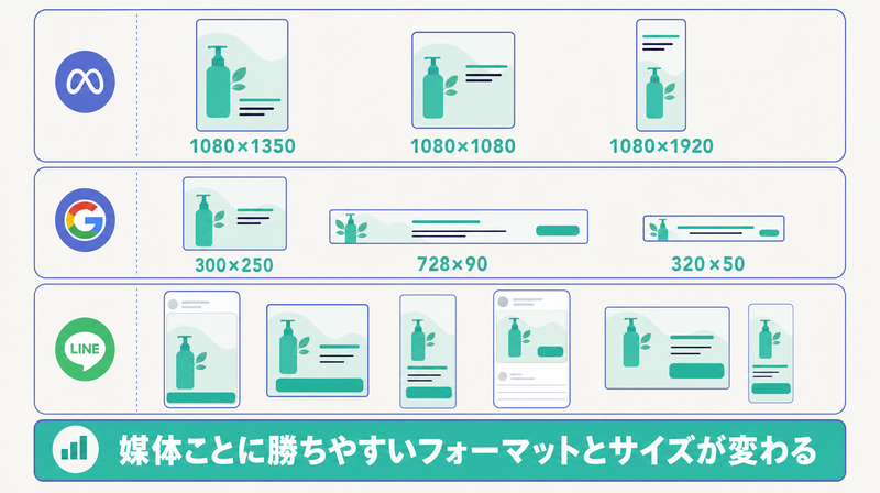 Meta・GDN・LINEなど媒体別の推奨バナーサイズを並べた一覧図