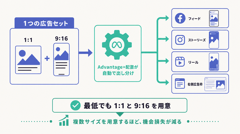 1つの広告セットをAdvantage+配置が各配信面へ最適サイズで自動振り分けする流れを示す図