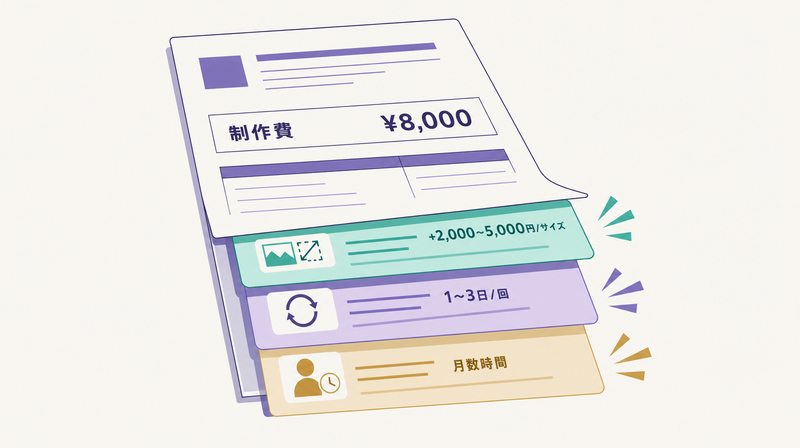 バナー外注の隠れコスト（サイズ展開費・修正時間・ディレクション工数）の図解