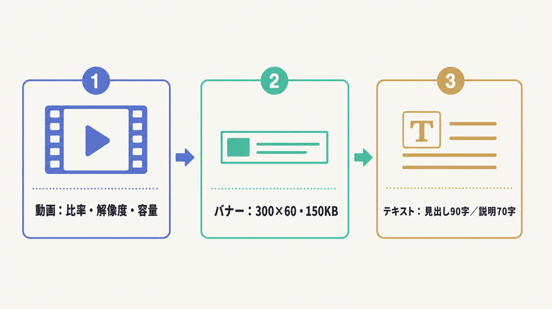 動画の比率・コンパニオンバナー300×60・テキスト文字数というYouTube広告入稿規定の3点をまとめた俯瞰図