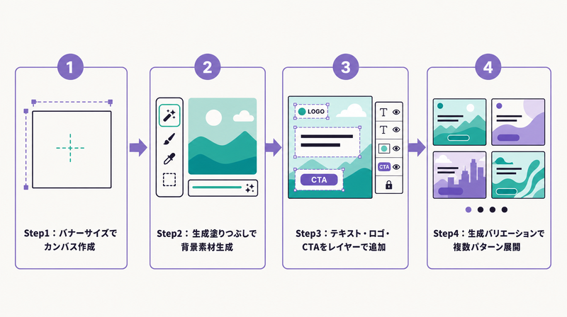 PhotoshopとFireflyCを使ったバナー制作の4ステップ手順図