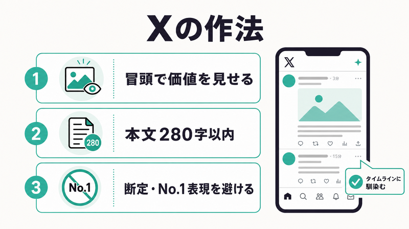 Xの作法を冒頭訴求・文字数・審査回避の3点でまとめたチェックリスト図
