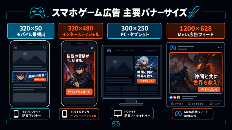 スマホゲーム向けバナー広告の主要4サイズ（320×50・320×480・300×250・1200×628）の比較図