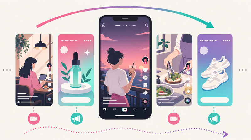 TikTok広告クリエイティブがFor Youフィードに溶け込む構造図