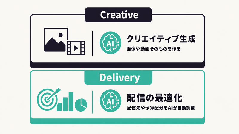 X広告AI活用を「クリエイティブ生成」と「配信の最適化」の2層で示した概念図