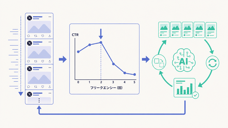 Xはフリークエンシー2回超でCTRが急落するため、AIで量産して差し替え続ける必要があることを示すコンセプト図