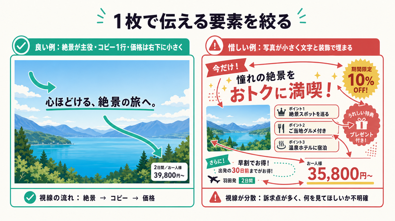 絶景主役コピー1行の良い例と文字装飾で埋まった惜しい例を視線誘導矢印つきで比較した旅行バナーの図