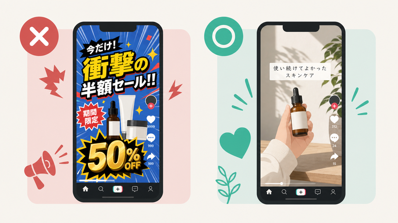 TikTok広告クリエイティブのNG例とネイティブOK例の比較図