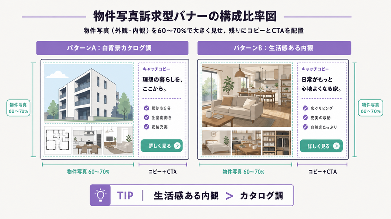 物件写真訴求型バナーの構成比例と「白背景 vs 生活感内観」比較図