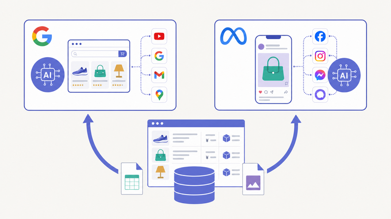 Google P-MAXとMeta Advantage+が商品データを起点に配信を自動化する図