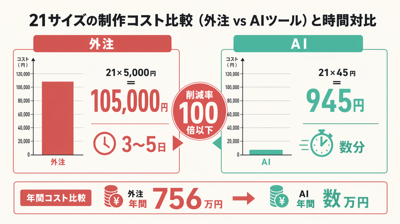 21サイズの制作コストを外注（105000円・3〜5日）とAI（945円・数分）で比較した図