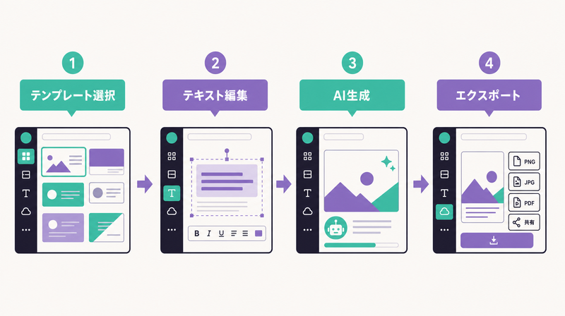 Canva AIのテンプレート選択→編集→エクスポートの3ステップ操作フロー図