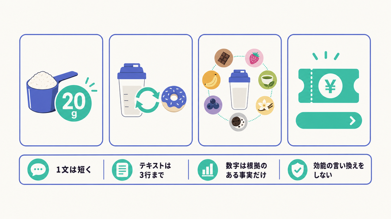成分明示・目的直結・味訴求・CTA直結のプロテインバナーコピー4型を示すカード図