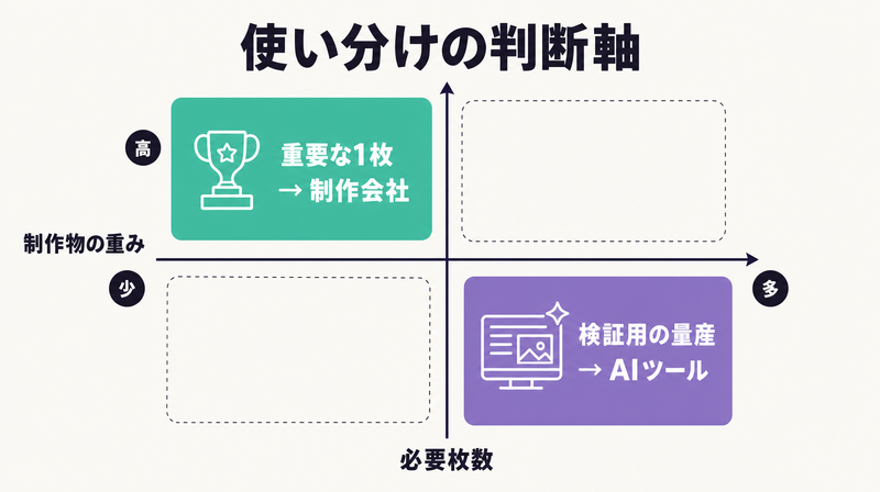 制作物の重みと必要枚数で制作会社とAIツールを使い分けるマトリクス図