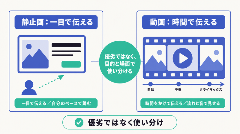 一目で伝える静止画広告と時間をかけて伝える動画広告を対比し、優劣ではなく使い分けと示したコンセプト図
