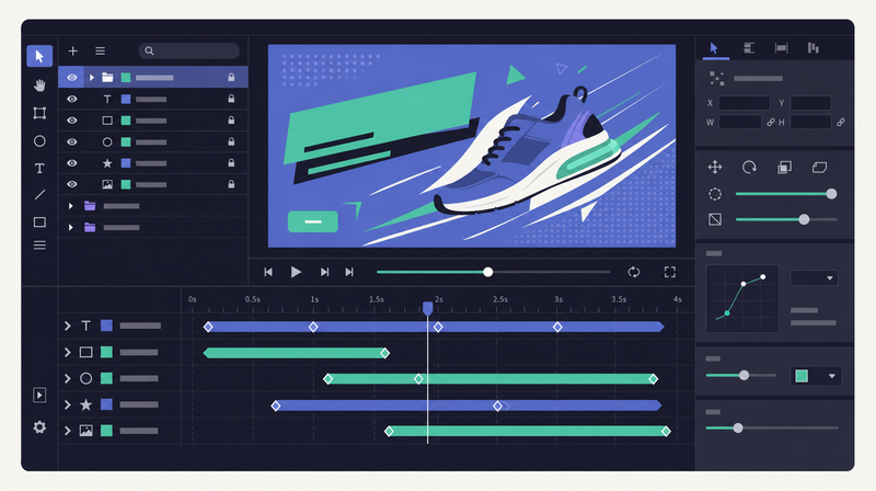 HTML5アニメーションバナー制作のタイムラインUIイメージ(Google Web Designer風フラットイラスト)