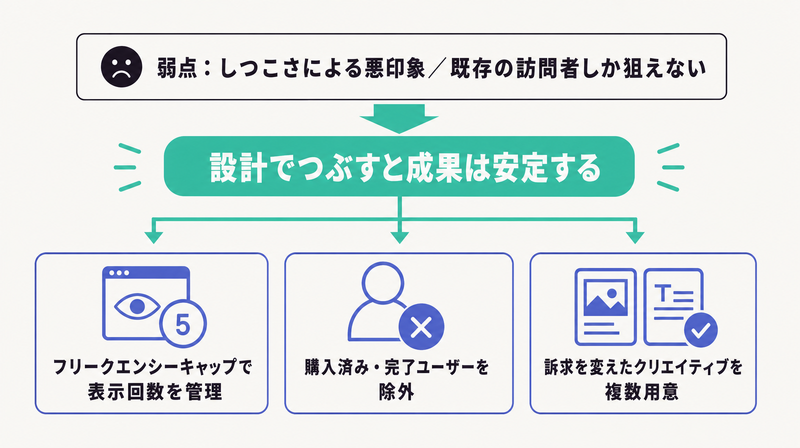 しつこさと対象の狭さという弱点を、フリークエンシー管理・除外・クリエイティブ検証の3つの打ち手でつぶす設計図