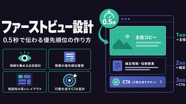 主役・補足・CTAの3段の優先順位を1枚のバナーに重ねたファーストビュー設計のストラクチャー型サムネイル