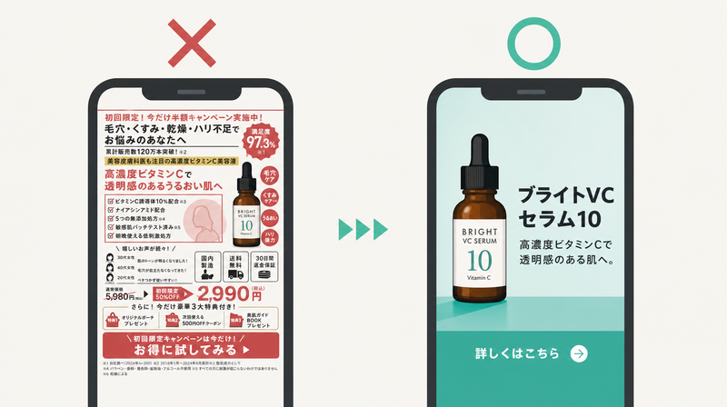 テキスト過多NGとシンプル改善OKの対比例
