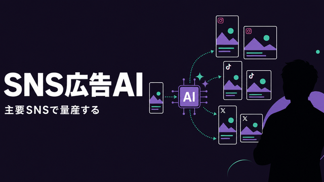 AIが主要SNS向けの広告クリエイティブを扇状に量産する様子を描いたエディトリアル風サムネイル