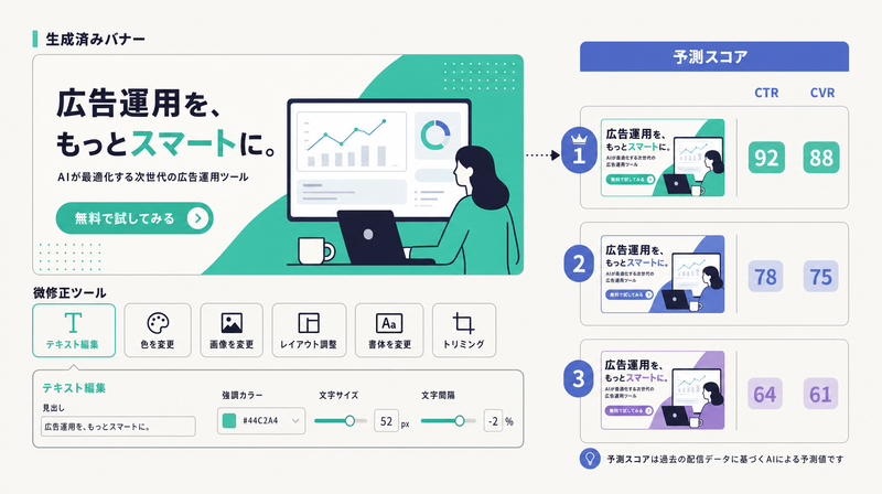 生成後のバナーをボタンで微修正し予測スコアで優先順位をつける場面のイラスト