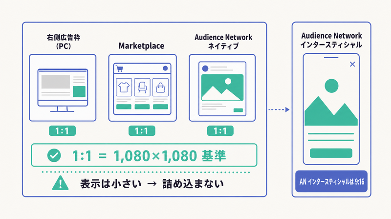 右側広告枠とMarketplaceとAudience Networkは1対1基準で要素を詰め込まずインタースティシャルのみ9対16とする仕様図