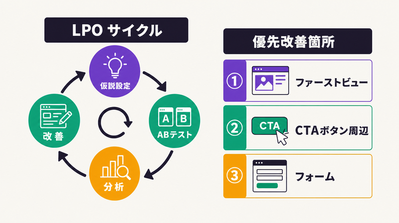 LP公開後のLPO改善サイクルと優先改善箇所3つを示す図解