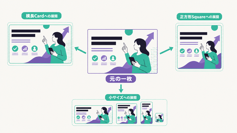 元の一枚を比率ごとに構図を組み直して複数サイズへ展開するイラスト