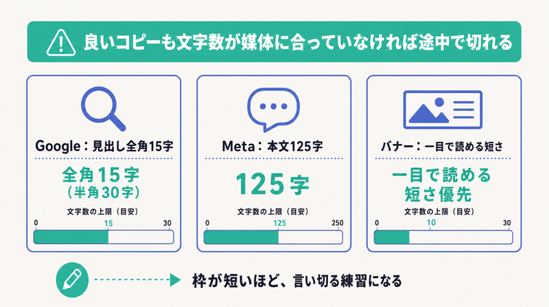 Googleは見出し全角15字、Metaは本文125字、バナーは一目で読める短さという媒体別の文字数の目安を比較した図