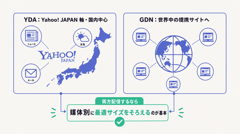 Yahoo! JAPAN軸で国内中心のYDAと世界中の提携サイトへ広がるGDNを対比し媒体別にサイズをそろえる方針を示した図