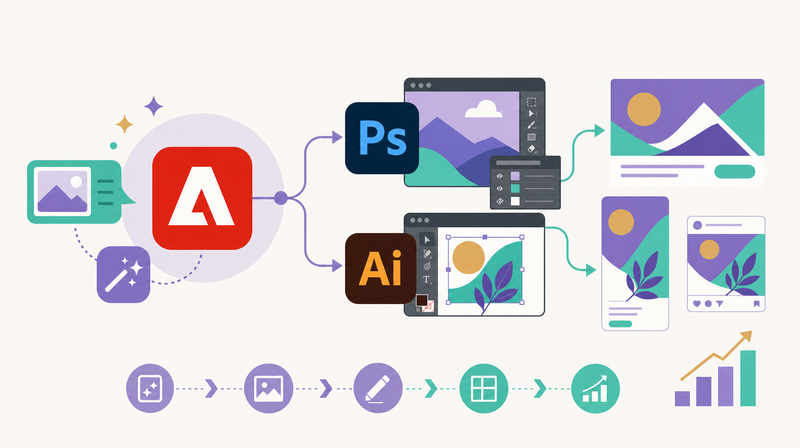 Adobe Fireflyと広告制作ワークフローの概観イラスト