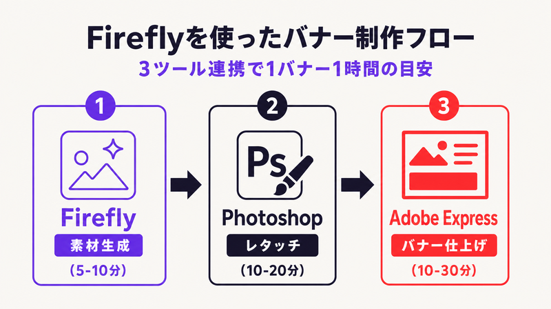Adobe Firefly・Photoshop・Adobe Expressを使った広告バナー制作の3ステップフロー図。