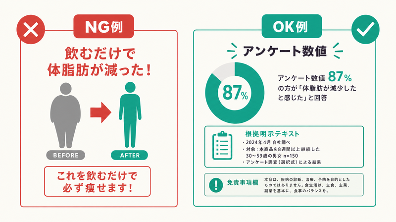 数値before/after型バナーのNG例とOK例の比較図