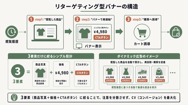リターゲティング型バナーの設計(閲覧→再接触→購買誘導の3ステップと3要素構成)を示す図