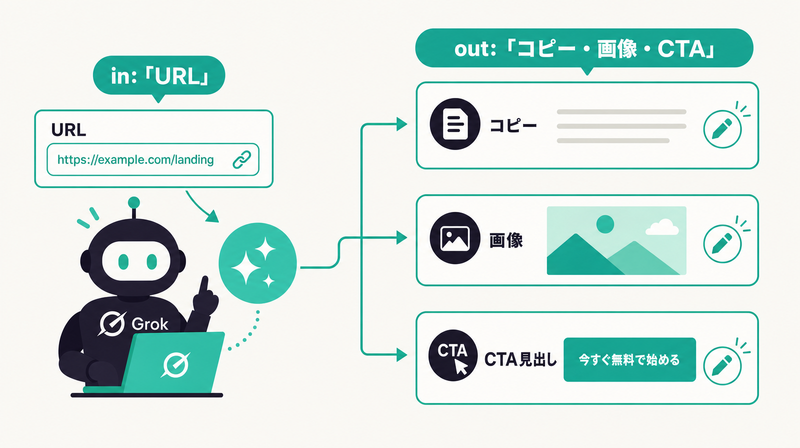 Prefill with GrokがURLからコピー・画像・CTAを生成する流れのイラスト