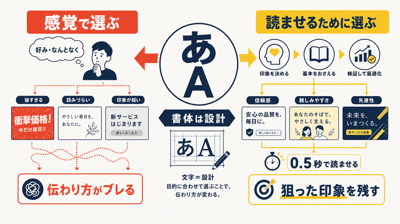 感覚で選ぶフォントと読ませるために選ぶフォントを対比した概念図